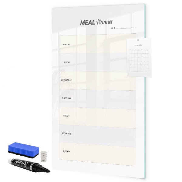 Decoratief glazen wandbord beschrijfbaar en magnetisch Maaltijdplanner voor de hele week