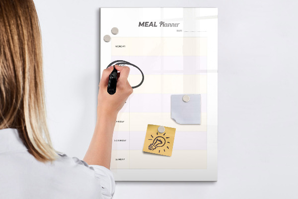Decoratief glazen wandbord beschrijfbaar en magnetisch Maaltijdplanner voor de hele week