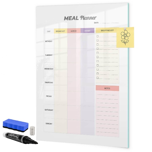 Memobord van glas met print inclusief neodymium magneten Maaltijdplanner voor elke week