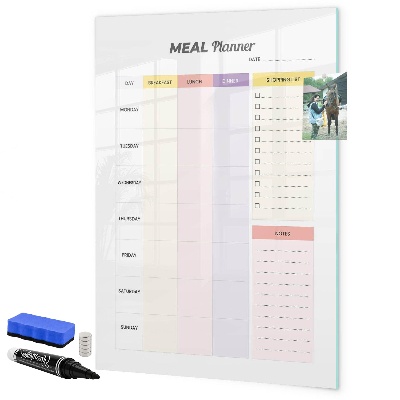 Memobord van glas met print inclusief neodymium magneten Maaltijdplanner voor elke week