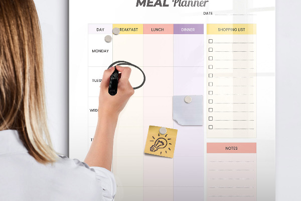 Memobord van glas met print inclusief neodymium magneten Maaltijdplanner voor elke week