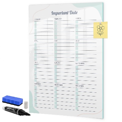 Decoratief glazen wandbord beschrijfbaar en magnetisch Agenda voor belangrijke data en foto's