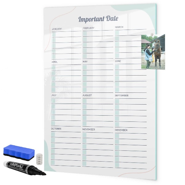 Decoratief glazen wandbord beschrijfbaar en magnetisch Agenda voor belangrijke data en foto's
