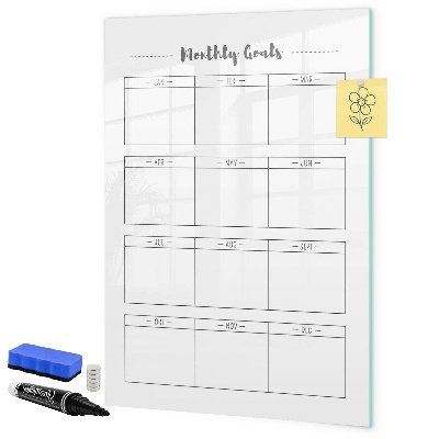 Decoratief glazen wandbord beschrijfbaar en magnetisch Maandelijkse doelen met de mogelijkheid om ze te personaliseren.