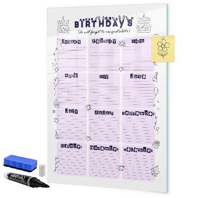 Memobord van glas met print inclusief neodymium magneten Verjaardagskalender met ruimte voor foto's
