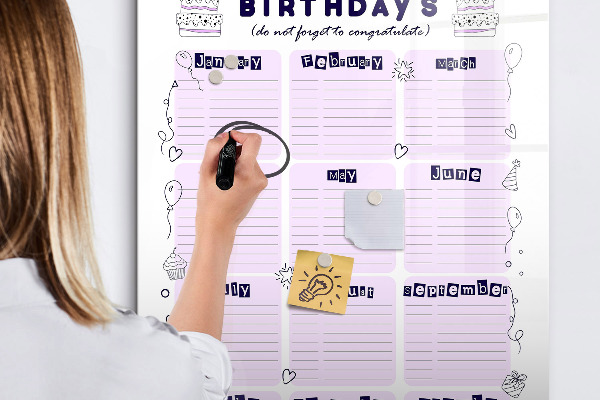 Memobord van glas met print inclusief neodymium magneten Verjaardagskalender met ruimte voor foto's