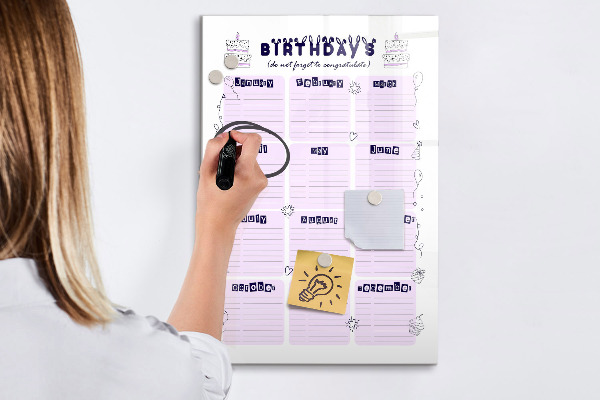 Memobord van glas met print inclusief neodymium magneten Verjaardagskalender met ruimte voor foto's