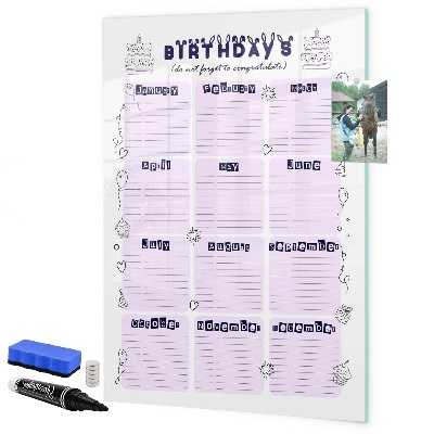 Memobord van glas met print inclusief neodymium magneten Verjaardagskalender met ruimte voor foto's