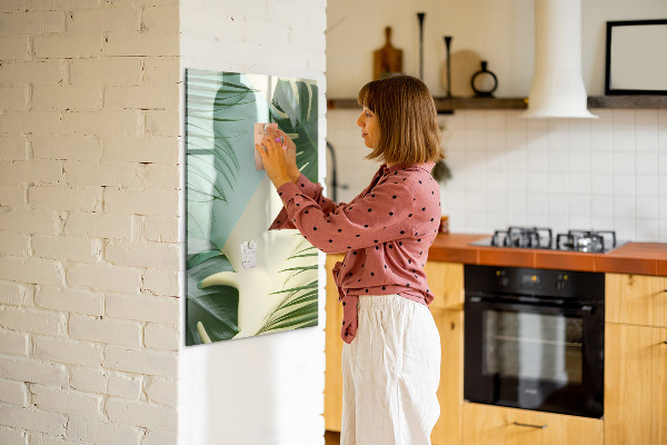 Decoratief glazen wandbord beschrijfbaar en magnetisch Groene collage van herinneringen met foto's