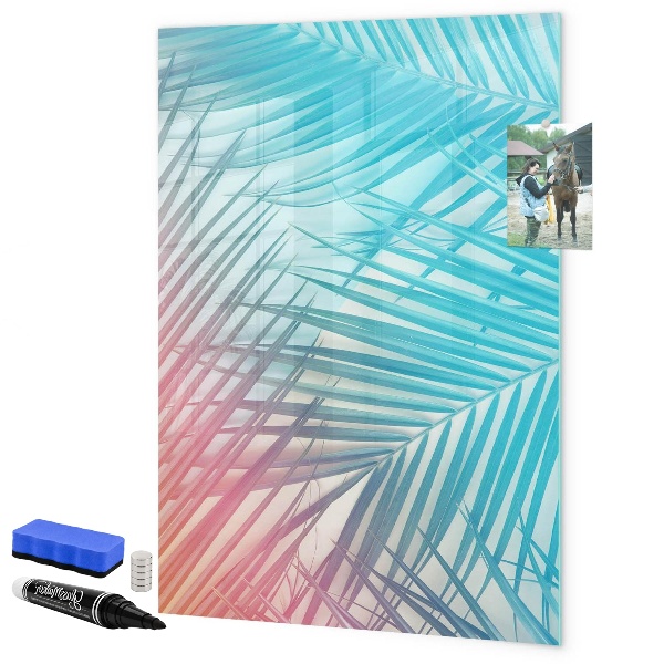 Memobord van glas met print inclusief neodymium magneten Achtergrond met palmbomen en foto's om vast te pinnen