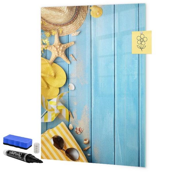 Memobord van glas met print inclusief neodymium magneten Zomerse herinneringen op een blauwe achtergrond