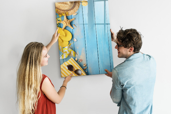 Memobord van glas met print inclusief neodymium magneten Zomerse herinneringen op een blauwe achtergrond