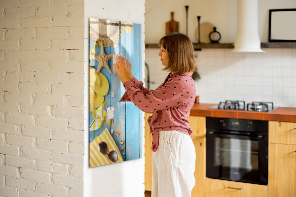Memobord van glas met print inclusief neodymium magneten Zomerse herinneringen op een blauwe achtergrond