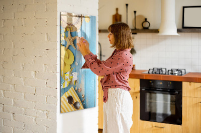 Memobord van glas met print inclusief neodymium magneten Zomerse herinneringen op een blauwe achtergrond