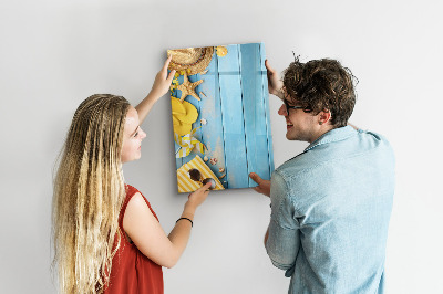 Memobord van glas met print inclusief neodymium magneten Zomerse herinneringen op een blauwe achtergrond