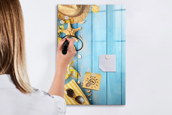 Memobord van glas met print inclusief neodymium magneten Zomerse herinneringen op een blauwe achtergrond
