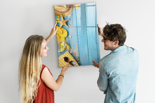 Memobord van glas met print inclusief neodymium magneten Zomerse herinneringen op een blauwe achtergrond