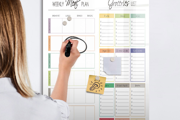 Decoratief glazen wandbord beschrijfbaar en magnetisch Wekelijks maaltijd- en boodschappenplan