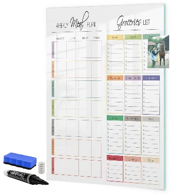 Decoratief glazen wandbord beschrijfbaar en magnetisch Wekelijks maaltijd- en boodschappenplan