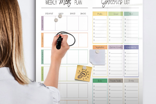 Decoratief glazen wandbord beschrijfbaar en magnetisch Wekelijks maaltijd- en boodschappenplan