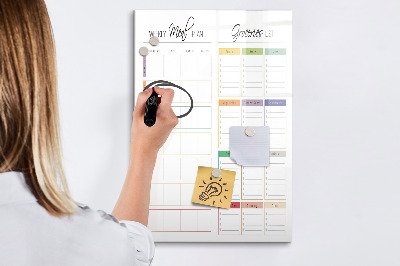 Decoratief glazen wandbord beschrijfbaar en magnetisch Wekelijks maaltijd- en boodschappenplan