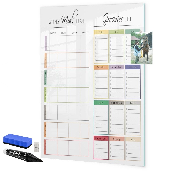 Decoratief glazen wandbord beschrijfbaar en magnetisch Wekelijks maaltijd- en boodschappenplan