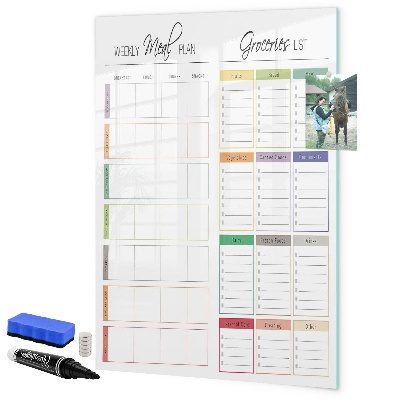 Decoratief glazen wandbord beschrijfbaar en magnetisch Wekelijks maaltijd- en boodschappenplan