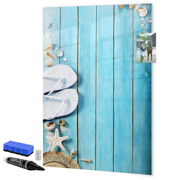 Memobord van glas met print inclusief neodymium magneten Zomerse herinneringen op een blauwe achtergrond