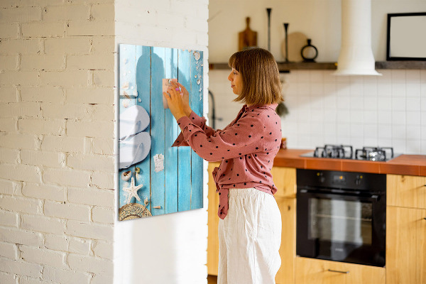 Memobord van glas met print inclusief neodymium magneten Zomerse herinneringen op een blauwe achtergrond