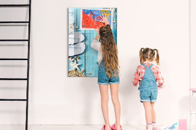 Memobord van glas met print inclusief neodymium magneten Zomerse herinneringen op een blauwe achtergrond