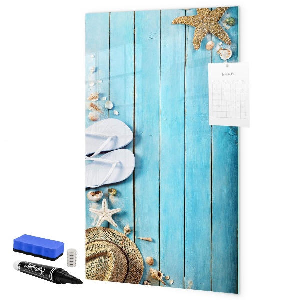 Memobord van glas met print inclusief neodymium magneten Zomerse herinneringen op een blauwe achtergrond