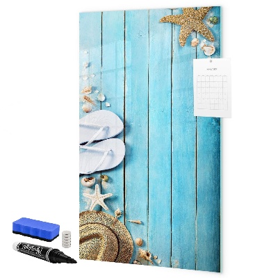 Memobord van glas met print inclusief neodymium magneten Zomerse herinneringen op een blauwe achtergrond