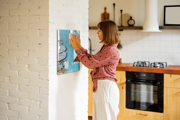 Memobord van glas met print inclusief neodymium magneten Zomerse herinneringen op een blauwe achtergrond