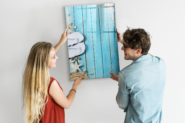 Memobord van glas met print inclusief neodymium magneten Zomerse herinneringen op een blauwe achtergrond