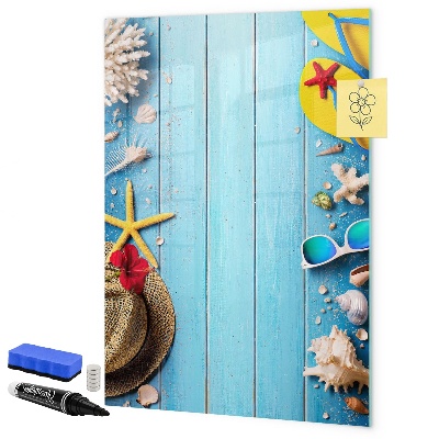 Memobord van glas met print inclusief neodymium magneten Zomerse herinneringen op een blauwe achtergrond
