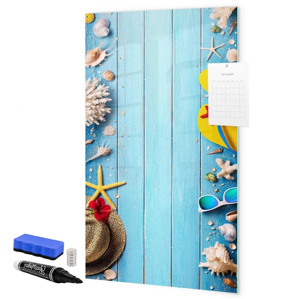 Memobord van glas met print inclusief neodymium magneten Zomerse herinneringen op een blauwe achtergrond