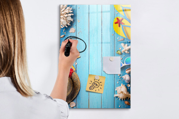 Memobord van glas met print inclusief neodymium magneten Zomerse herinneringen op een blauwe achtergrond