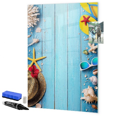 Memobord van glas met print inclusief neodymium magneten Zomerse herinneringen op een blauwe achtergrond