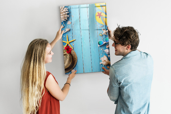 Memobord van glas met print inclusief neodymium magneten Zomerse herinneringen op een blauwe achtergrond