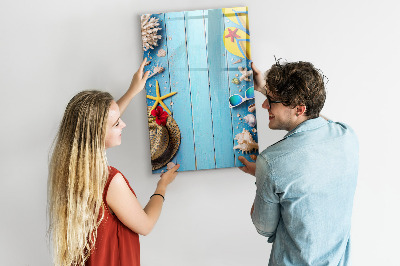 Memobord van glas met print inclusief neodymium magneten Zomerse herinneringen op een blauwe achtergrond