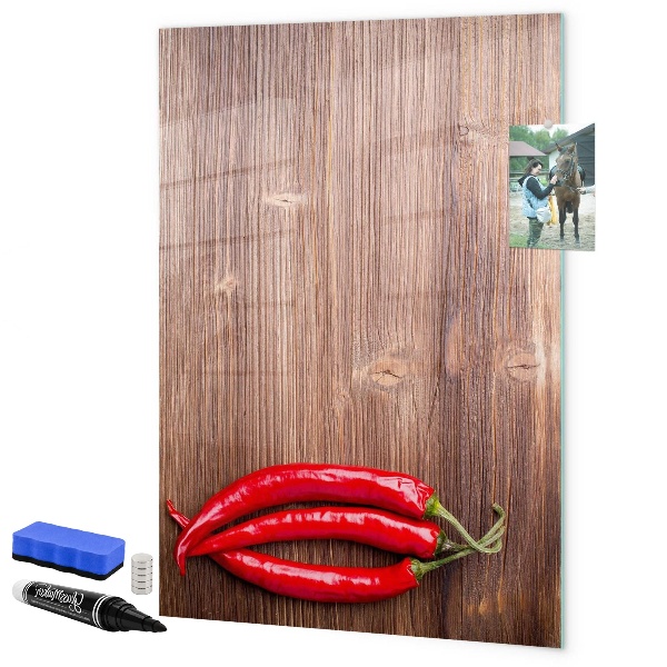Decoratief glazen wandbord beschrijfbaar en magnetisch Papieren herinneringen en hete pepers