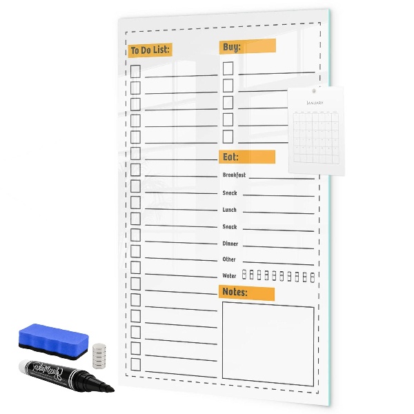 Memobord van glas met print inclusief neodymium magneten Plan je taken en aankopen in stijl.