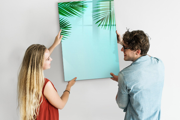 Decoratief glazen wandbord beschrijfbaar en magnetisch Groene bladeren en herinneringen in foto's