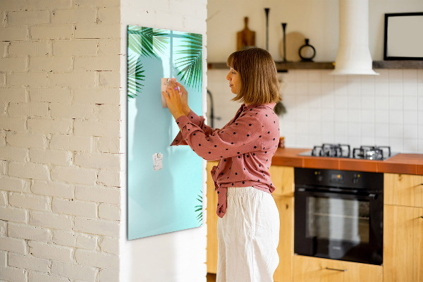Decoratief glazen wandbord beschrijfbaar en magnetisch Groene bladeren en herinneringen in foto's