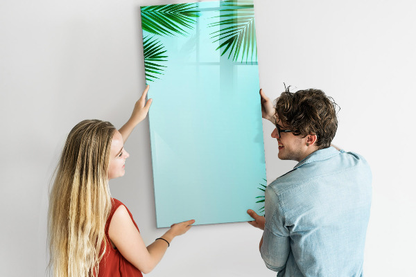 Decoratief glazen wandbord beschrijfbaar en magnetisch Groene bladeren en herinneringen in foto's