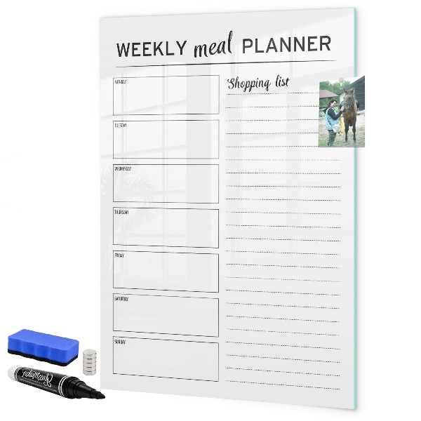 Decoratief glazen wandbord beschrijfbaar en magnetisch Maaltijdplanner voor elke week