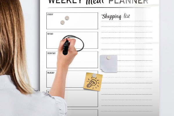 Decoratief glazen wandbord beschrijfbaar en magnetisch Maaltijdplanner voor elke week