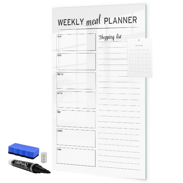 Decoratief glazen wandbord beschrijfbaar en magnetisch Maaltijdplanner voor elke week