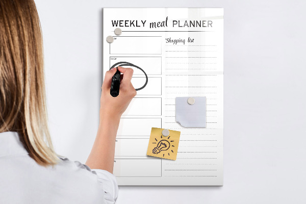Decoratief glazen wandbord beschrijfbaar en magnetisch Maaltijdplanner voor elke week