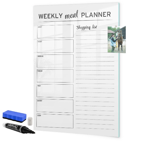Decoratief glazen wandbord beschrijfbaar en magnetisch Maaltijdplanner voor elke week